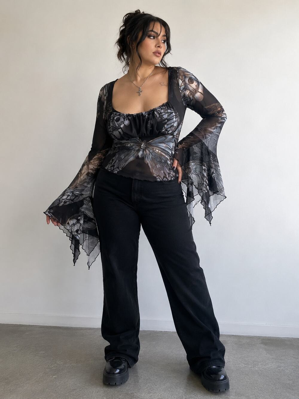 Widow 1X Butterfly Moth Mesh Corset Top Bell Sleeve Whimsigoth Goth Y2K